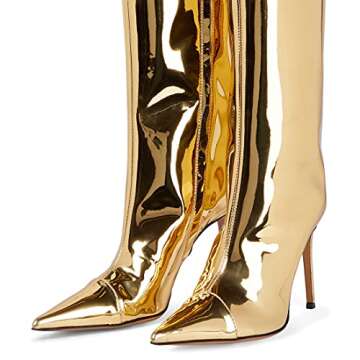 Arqa Women's Gold Metallic Boots Chrome Leather Stiletto High Heels Knee High Boot Pointed Toe Wide ...