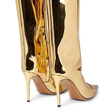 Arqa Women's Gold Metallic Boots Chrome Leather Stiletto High Heels Knee High Boot Pointed Toe Wide Calf Boot with Zipper Dressy Shoes Chrome Gold Size 9.5