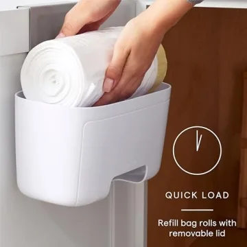 YouCopia DoorStash Garbage Bag Dispenser, Hanging Kitchen Cabinet Door Trash Bag Organizer with Removable Lid for Storage, Speckled White