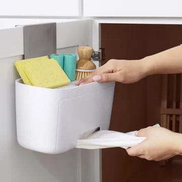 YouCopia DoorStash Garbage Bag Dispenser, Hanging Kitchen Cabinet Door Trash Bag Organizer with Removable Lid for Storage, Speckled White