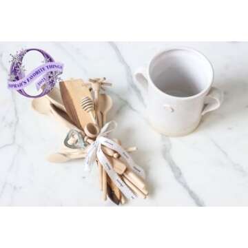 Favorite Things 2023: etúHOME Ceramic Crock with Set of Wooden Utensils, Kitchen Countertop Spoon and Spatula Holder, Cooking Utensil Bundle with White Clay Organizer