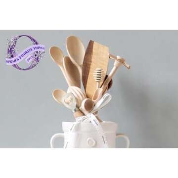 Favorite Things 2023: etúHOME Ceramic Crock with Set of Wooden Utensils, Kitchen Countertop Spoon and Spatula Holder, Cooking Utensil Bundle with White Clay Organizer