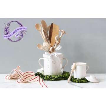 Favorite Things 2023: etúHOME Ceramic Crock with Set of Wooden Utensils, Kitchen Countertop Spoon and Spatula Holder, Cooking Utensil Bundle with White Clay Organizer