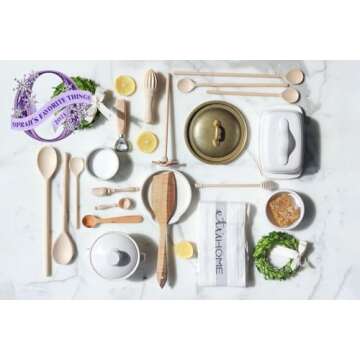 Favorite Things 2023: etúHOME Ceramic Crock with Set of Wooden Utensils, Kitchen Countertop Spoon and Spatula Holder, Cooking Utensil Bundle with White Clay Organizer