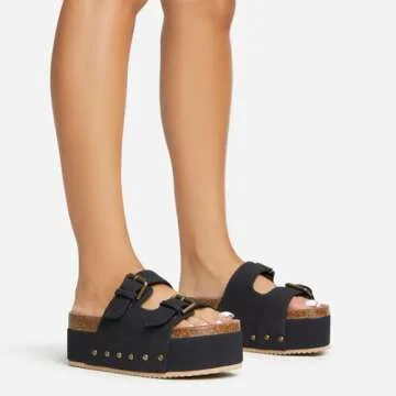 WIRALOMI Women's Cork Platform Slides Suede Adjustable Buckle Strap Clogs Slip On Flatform Sandals