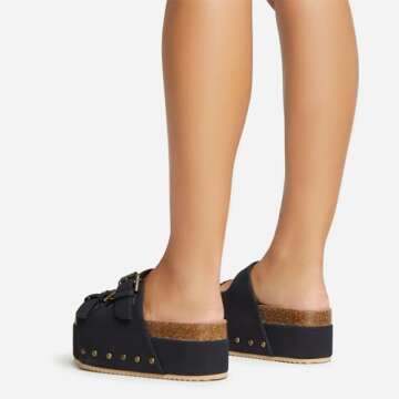 WIRALOMI Women's Cork Platform Slides Suede Adjustable Buckle Strap Clogs Slip On Flatform Sandals