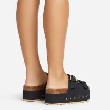 WIRALOMI Women's Cork Platform Slides Suede Adjustable Buckle Strap Clogs Slip On Flatform Sandals