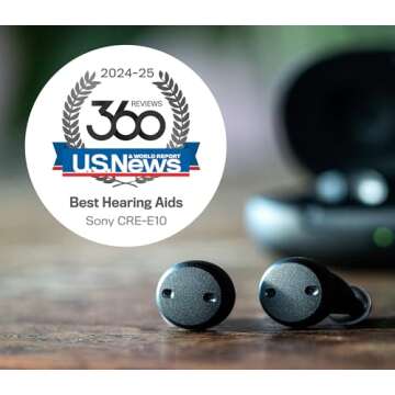 Sony CRE-E10 Self-Fitting OTC Hearing Aids for Mild to Moderate Hearing Loss, Prescription-Grade Sound Quality, Comfortable Earbud Design, Bluetooth Enabled for iOS, and Rechargeable Battery, Black