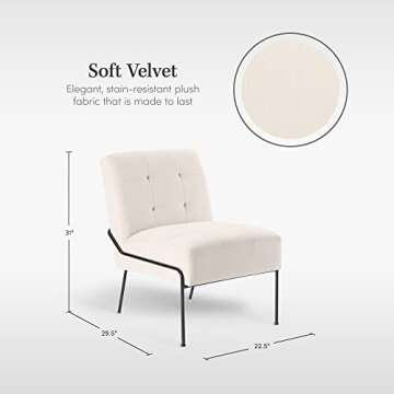 eLuxurySupply Armless Accent Chair - Upholstered Modern Living Room Chair with Metal Frame and Elegant Pintucking - Premium, Comfortable High Density Foam Cushion - Easy Assembly - Cream Velvet