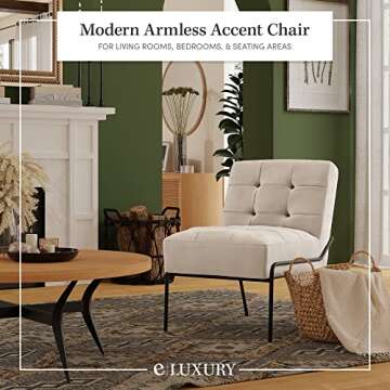eLuxurySupply Armless Accent Chair - Upholstered Modern Living Room Chair with Metal Frame and Elegant Pintucking - Premium, Comfortable High Density Foam Cushion - Easy Assembly - Cream Velvet