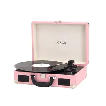 Portable Suitcase Record Player, Bluetooth Vinyl Turntable with Rechargeable Battery, 3-Speed LP Playback, RCA/Aux/Headphone Connectivity, Retro Vinyl Music Player for Home and Travel