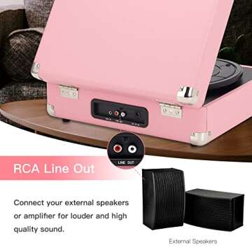 Portable Suitcase Record Player, Bluetooth Vinyl Turntable with Rechargeable Battery, 3-Speed LP Playback, RCA/Aux/Headphone Connectivity, Retro Vinyl Music Player for Home and Travel