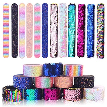 VGOODALL 12 PCS Glitter Slap Bracelet for Kids Sequin Mermaid Bracelet Wristband for Birthday Party ...