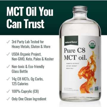 Natural Force Organic Pure C8 MCT Oil – Liquid MCT Oil in Glass Bottle Container – Concentrated Caprylic Acid – Keto, Paleo, Kosher, Vegan & Non-GMO – Lab Tested for Quality and Purity, 32 Ounce