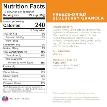 Nutristore Freeze-Dried Blueberry Granola | Emergency Survival Bulk Food Storage Meal | Perfect for Everyday Quick Meals and Long-Term Storage | 25 Year Shelf Life | USDA Inspected (1-Pack)