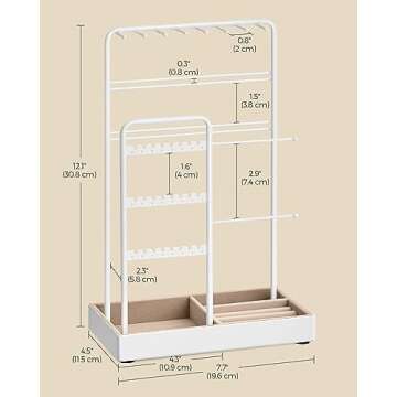 SONGMICS Jewelry Holder, Jewelry Organizer, Jewelry Display Stand with Metal Frame and Velvet Tray, Necklace Earring Bracelet Holder, for Studs, Rings, Gift Idea, White UJJS021W01
