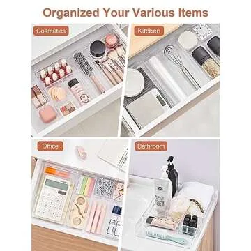 SMARTAKE 37-Piece Drawer Organizer with Non-Slip Silicone Pads, 4-Size Desk Drawer Organizer Trays Storage Tray for Makeup, Jewelries, Utensils in Bedroom Dresser, Office and Kitchen (Clear)