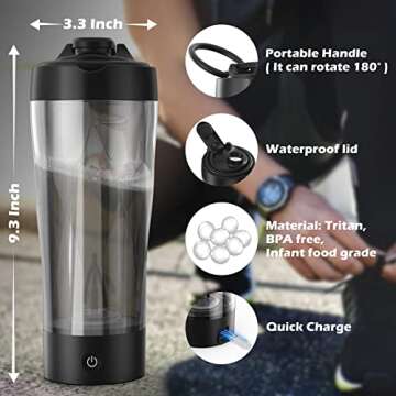 Aidek Electric Shaker Bottle 22oz Bottle for Protein Mixes, Rechargeable, BPA-Free - Black