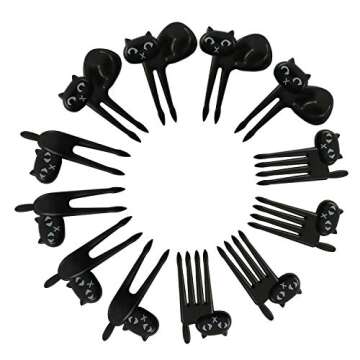 NX Garden 12pcs Cat Fruit Forks Bento Lunches Toothpick Mini Cartoon Snack Cake Dessert Food Fork Party Decor Tableware, Black