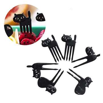 NX Garden 12pcs Cat Fruit Forks Bento Lunches Toothpick Mini Cartoon Snack Cake Dessert Food Fork Party Decor Tableware, Black
