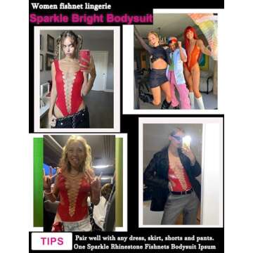 Avidlove Red Fishnet Bodysuit Rhinestone Body Suits Woman Mesh Lingerie Sexy Fishnets Lingerie Sparkle Bodysuit Teddy Lingerie