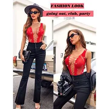 Avidlove Red Fishnet Bodysuit Rhinestone Body Suits Woman Mesh Lingerie Sexy Fishnets Lingerie Sparkle Bodysuit Teddy Lingerie