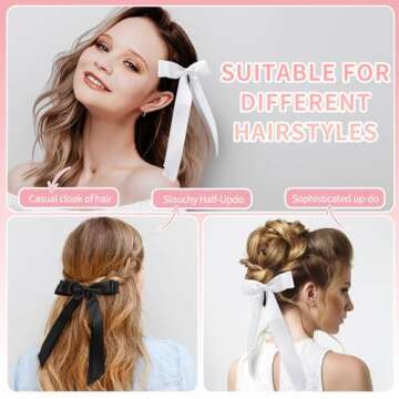 vivinin 4pcs Solid Silky Satin Hair Accessories: Bows with Long Tails, Daily Wear Clips for Women and Girls, White and Black Gifts
