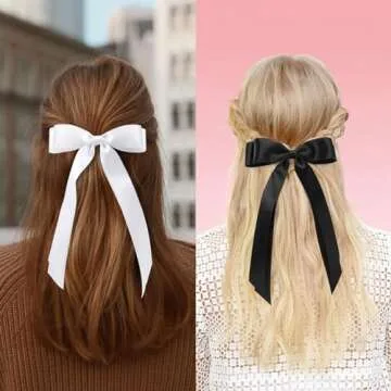 vivinin 4pcs Solid Silky Satin Hair Accessories: Bows with Long Tails, Daily Wear Clips for Women and Girls, White and Black Gifts