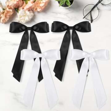 vivinin 4pcs Solid Silky Satin Hair Accessories: Bows with Long Tails, Daily Wear Clips for Women and Girls, White and Black Gifts