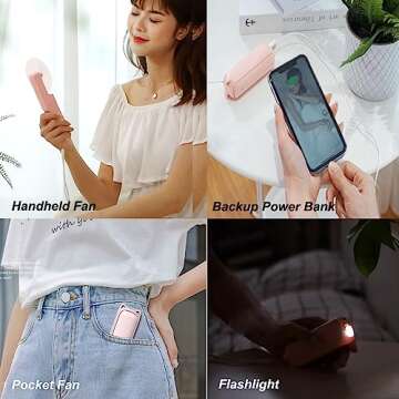 AOCOOLFAN Portable Mini Fan, Handheld Fan USB Rechargeable Small Pocket Fan, Battery Operated Fan with Flashlight Feature for Travel Outdoor (Pink)