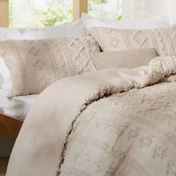 Bedsure Tufted Boho Comforter Set King Size - Khaki Boho Bed Set, GentleSoft™ 3 Pieces Farmhouse Shabby Chic Embroidery Bedding, Gifts for Woman, Soft Jacquard King Comforter for All Seasons