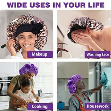 Women Satin Bonnet - Large Satin Bonnets for Braids for Sleeping Black Women Silk Bonnet with Stretchy Tie Band - Bonnets for Black Women (Purple & Leopard)