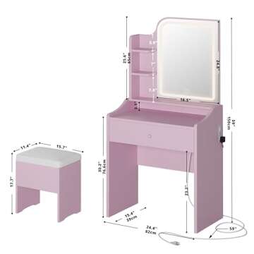 LIKIMIO Small Makeup Vanity Desk with Mirror and Lights, Vanity Table Set with Storage Drawer, Chair...