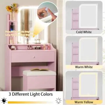 LIKIMIO Small Makeup Vanity Desk with Lights, Pink