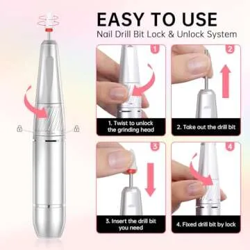 CHRISTINE SHELLY Rechargeable 35000RPM Nail Drill Sparkling Portable Professional Electric Nail File for Acrylic/Gel Nails Professional Nail Tools for Manicure Pedicure, Pink