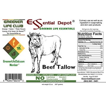 Grass-Fed Beef Tallow 1 Quart Non-GMO Keto Friendly 32 oz