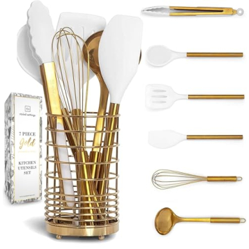 Gold Kitchen Utensils Set – 7-Piece White Silicone Cooking Tools with Gold Utensil Holder – Luxu...