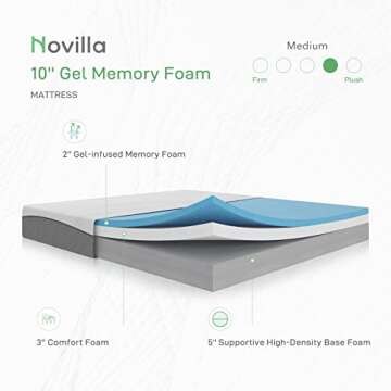 Novilla Queen Size Mattress, 10-Inch Gel Memory Foam Mattress for Good Sleep, Pressure Relieving, Matrress-in-a-Box, CertiPUR-US Certified, Medium Plush