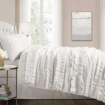 Lush Decor Belle 4 Piece Ruffled Shabby Chic White Comforter Set with Bed Skirt and 2 Pillow Shams - Queen Comforter Set