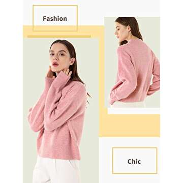 Woolen Bloom Women Mock Neck Loose Sweater Pullover Long Sleeve Sweaters Crop Lightweight Winter Casual Tops Oversized Pink