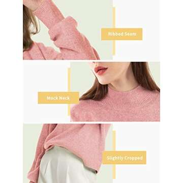 Woolen Bloom Women Mock Neck Loose Sweater Pullover Long Sleeve Sweaters Crop Lightweight Winter Casual Tops Oversized Pink