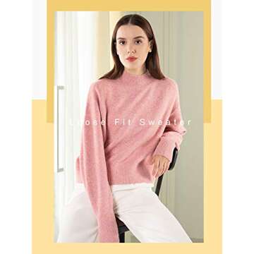 Woolen Bloom Women Mock Neck Loose Sweater Pullover Long Sleeve Sweaters Crop Lightweight Winter Casual Tops Oversized Pink