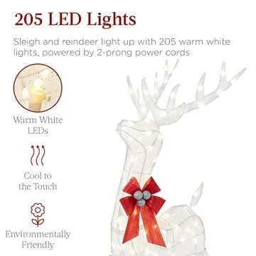 Best Choice Products Lighted Christmas 4ft Reindeer & Sleigh Outdoor Yard Decoration Set w/ 205 LED Lights, Stakes, Zip Ties - White