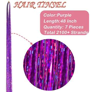 Purple Hair Tinsel Kit: 48 Inches 7Pcs 2100 Sparkling Strands Glitter Tinsel Hair Extensions with To...