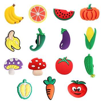 mortd Fruits Shoe Decoration Charms, 30PCS Fruit Vegetables Theme Charms for Shoe Wristband, Cherry Pineapple Eggplant Pepper Shoe Charms for Party Favors Birthday Gifts