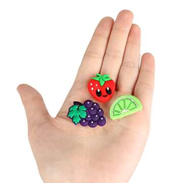 mortd Fruits Shoe Decoration Charms, 30PCS Fruit Vegetables Theme Charms for Shoe Wristband, Cherry Pineapple Eggplant Pepper Shoe Charms for Party Favors Birthday Gifts
