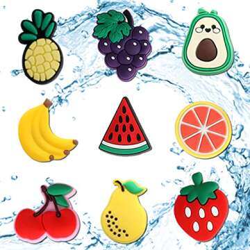 mortd Fruits Shoe Decoration Charms, 30PCS Fruit Vegetables Theme Charms for Shoe Wristband, Cherry Pineapple Eggplant Pepper Shoe Charms for Party Favors Birthday Gifts