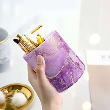WAVEYU Pen Holder, Pencil Cup Desk Decor, Decorative Pencil Organizer, Makeup Brush Holder, Leather Multi-Functional Organizer for Office, Home, Classroom, Purple Marble