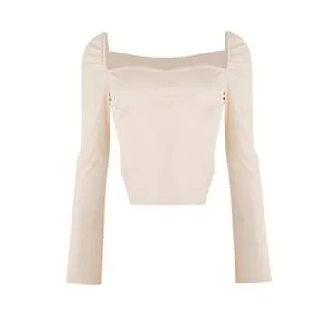 Avanova Women's Long Sleeve Ribbed Knit Crop Top Scoop Neck Asymmetrical Hem Tee Shirt Apricot Small