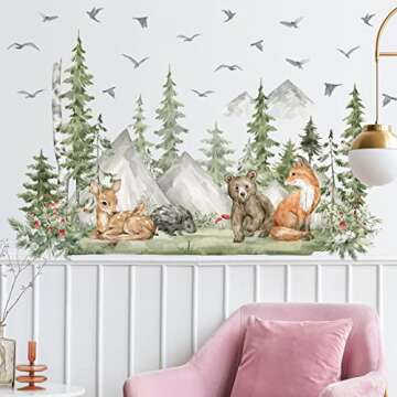 Amaonm 4 Sheet of 12x36 inch Giant Mountain Forest Tree Wall Decal Woodland Deer Bear Fox Birds Wall Stickers 3D DIY Peel and Stick Jungle Wild Animal Pine Wall Decor for Kids Boys Bedroom Playroom